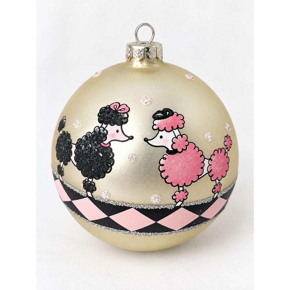 Pink Black Poodle Christmas Ball Ornament Retro 1950s Style Glass Glitter